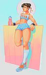  1girl abs against_fence bottle breasts brown_eyes brown_hair casual chun-li double_bun earrings fence hair_ribbon jewelry long_legs madguymao midriff red_sun ribbon shoes short_hair short_shorts shorts small_breasts sneakers socks solo sports_bra street_fighter street_fighter_zero_(series) sun thick_thighs thighs water_bottle wristband 