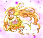  boots bow bubble_skirt circlet cure_muse_(yellow) frills full_body hair_bow heart hyuuga_(gekkazake) knee_boots knees_to_chest long_hair looking_at_viewer magical_girl orange_hair pink_eyes precure purple_background shirabe_ako skirt smile solo suite_precure yellow_bow yellow_footwear yellow_skirt 