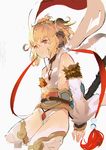  :o andira_(granblue_fantasy) animal_ears bangs bare_shoulders beads blonde_hair breasts cleavage_cutout collar cowboy_shot cropped_legs detached_sleeves erune from_side fur_trim granblue_fantasy groin hagoromo hair_between_eyes hair_ornament leotard looking_at_viewer monkey_ears monkey_tail red_eyes ribbon shawl short_hair sideboob simple_background sketch small_breasts so-bin solo tail tassel thighhighs two_side_up white_background white_legwear 
