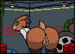  2019 anthro anus barrel bent_over blue_eyes brown_fur butt clothing digital_media_(artwork) factory female fur gremlin_(spiral_knights) imactuallygarbage inside legwear looking_back partly_clothed pipes pixel_(artwork) presenting presenting_hindquarters pussy rear_view simple_background smile solo spiral_knights video_games 