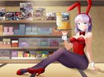  animal_ears bag_of_chips bangs bare_shoulders blue_eyes blurry bow bowtie bunny_ears bunnysuit dagashi_kashi detached_collar eyebrows eyebrows_visible_through_hair fake_animal_ears food glass high_heels holding holding_tray indoors kneepits knees_up leotard looking_at_viewer package pantyhose pigeon-toed poster_(object) purple_hair purple_legwear red_bow red_footwear red_leotard red_neckwear shelf shidare_hotaru shoes shop short_hair skin_tight smile solo sweets taka_(takahirokun) toy transparent tray tsurime visible_ears wrist_cuffs 