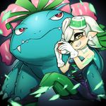  absurdres bare_shoulders blush gen_1_pokemon gloves green_legwear highres hotaru_(splatoon) legwear_under_shorts mask pantyhose pantyhose_under_shorts poke_ball pokemon pokemon_(creature) puchiman shorts sitting splatoon_(series) splatoon_1 venusaur white_hair yellow_eyes 