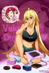  ;d barefoot blonde_hair blush box box_of_chocolates braid breasts gift gift_box heart-shaped_box large_breasts long_hair midriff multiple_girls navel niina_ryou one_eye_closed open_mouth red_hair shikishima_mirei short_hair sitting smile tokonome_mamori twin_braids valentine valkyrie_drive valkyrie_drive_-mermaid- yuri 