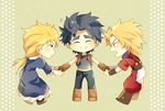  2boys backpack bad_id bad_pixiv_id bag birthmark blonde_hair blue_dress blue_eyes blue_hair boots brown_footwear brown_gloves closed_eyes dio_brando dress erina_pendleton fingerless_gloves flying_sweatdrops gloves hair_tie jojo_no_kimyou_na_bouken jonathan_joestar multiple_boys open_mouth phantom_blood ponytail red_eyes shuntaro_(syun_gaomu) smile 