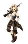  android_18 armband assault_rifle bandaged_arm bandages black_gloves blonde_hair boots breasts camouflage camouflage_pants cleavage clothes_around_waist dragon_ball dragon_ball_z earrings facial_mark finger_on_trigger full_body gloves grey_eyes gun holding holding_gun holding_weapon jacket_around_waist jewelry koh_(oab71kq3) m16a2 medium_breasts navel pants pouch rifle single_glove solo tank_top toriyama_akira_(style) torn_clothes weapon 