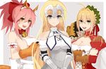  ahoge apron bell bell_collar blonde_hair blue_eyes breasts cleavage collar fate/apocrypha fate/extra fate/grand_order fate_(series) gloves green_eyes highres jeanne_d'arc_(fate) jeanne_d'arc_(fate)_(all) large_breasts long_hair multiple_girls naked_apron nero_claudius_(fate) nero_claudius_(fate)_(all) nk paw_gloves paws pink_hair ponytail tamamo_(fate)_(all) tamamo_cat_(fate) yellow_eyes 
