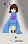  absurdres ahoge androgynous artist_request blush boots brown_footwear brown_hair closed_eyes english frisk_(undertale) full_body gradient gradient_background grey_background highres knife light long_sleeves open_mouth shirt short_hair shorts solo striped striped_shirt striped_sweater sweater teeth undertale 