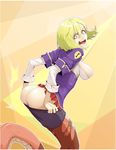  ass blonde_hair breasts fangs green_eyes icti_(materclaws) lamia large_breasts materclaws monster_girl original pantyhose scales skirt skirt_pull solo tail torn_clothes torn_legwear uniform 
