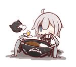  blue_eyes chibi commentary_request curry curry_rice eating enemy_aircraft_(kantai_collection) food highres kantai_collection nuu_(nu-nyu) orange_juice rice shinkaisei-kan short_hair silver_hair tissue wo-class_aircraft_carrier 