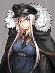  artist_request bad_id bad_twitter_id belt black_coat black_neckwear blonde_hair buttons cape coat collar collared_shirt dress_shirt girls_frontline gold_buttons hat high_belt iron_cross jacket kar98k_(girls_frontline) long_hair looking_at_viewer military military_uniform nazi_party_pin necktie peaked_cap red_eyes shirt smile solo uniform white_hair winter_clothes winter_coat 