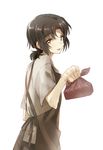  :d androgynous apron black_hair blush brown_eyes eyes_visible_through_hair finger_marks giving looking_back makabe_kazuki male_focus obentou open_mouth sanata_(sanatter) shiny shiny_hair short_ponytail smile solo soukyuu_no_fafner wrapped_obentou 