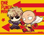  artist_name bald black_sclera blonde_hair boots cape chibi copyright_name cyborg directional_arrow earrings genos gloves jewelry kotorai male_focus mechanical_arms multiple_boys one-punch_man outline red_footwear red_gloves running saitama_(one-punch_man) signature yellow_eyes 