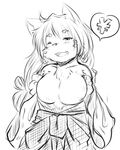  animal_ears bad_id bad_pixiv_id breasts furry greyscale large_breasts looking_at_viewer monochrome nipples open_mouth original rai-rai simple_background sketch smile solo white_background yen_sign 