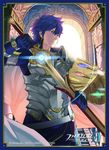  armor blue_eyes blue_hair cape copyright_name fire_emblem fire_emblem:_kakusei fire_emblem_cipher gauntlets gloves highres holding holding_sword holding_weapon indoors kozaki_yuusuke krom male_focus official_art shield shoulder_armor solo sword weapon 