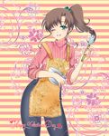  apron bishoujo_senshi_sailor_moon bowl brown_hair chocolate floral_print green_eyes grin hair_bobbles hair_ornament happy_valentine heart highres kino_makoto miura_hajime mixing_bowl one_eye_closed ponytail smile solo spatula striped striped_background striped_sweater sweater turtleneck valentine 