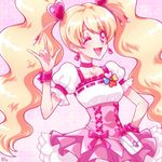  ;d \m/ blonde_hair bow choker corset cowboy_shot cure_peach earrings fresh_precure! hair_ornament hand_on_hip heart heart_earrings heart_hair_ornament jewelry kiku009 long_hair looking_at_viewer magical_girl momozono_love one_eye_closed open_mouth pink_background pink_bow pink_choker pink_eyes pink_skirt precure puffy_sleeves skirt smile solo twintails 