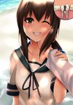  1girl ;d admiral_(kantai_collection) arm_holding artist_name beach blue_ribbon blush brown_hair collarbone commentary crying crying_with_eyes_open dappled_sunlight fingernails fubuki_(kantai_collection) green_eyes grin hair_between_eyes hand_on_another's_face highres kantai_collection long_sleeves looking_at_viewer ocean one_eye_closed open_mouth out_of_frame outdoors pain pov pov_hands revision ribbon sailor_collar sand short_sleeves sleeve_cuffs smile sunlight tareme tears teeth tony_guisado toothache water 