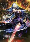  aqua_(fire_emblem_if) blue_hair dress elbow_gloves fingerless_gloves fire_emblem fire_emblem_cipher fire_emblem_if gloves hair_between_eyes hairband highres jewelry long_hair official_art open_mouth scan scan_artifacts see-through side_slit solo veil very_long_hair yellow_eyes zis 