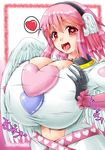  baroque20320514fu blush breasts cleavage gigantic_breasts heart heart-shaped_pupils heart_print midriff open_mouth pink_hair red_eyes saliva spoken_heart symbol-shaped_pupils tongue wings 