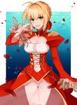 blonde_hair breasts cleavage fate/extra fate_(series) green_eyes hair_ribbon highres looking_at_viewer medium_breasts nero_claudius_(fate) nero_claudius_(fate)_(all) nk open_mouth petals red_ribbon ribbon see-through solo 
