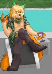  absurd_res alsander anthro bandanna blonde_hair clothed clothing felid felngo fluffy fluffy_tail footwear fur goblet hair hi_res legwear looking_at_viewer male mammal orange_hair shoes sitting smile smoking_pipe solo swimming_pool techagau thigh_highs water 