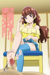  1girl amanogawa_kirara barefoot blue_legwear brown_hair censored crossed_legs earrings feet femdom footjob go!_princess_precure hairband hetero jewelry lifted_by_self long_hair looking_at_viewer mosaic_censoring nekomimi_kanon panties penis precure purple_eyes single_thighhigh sitting skirt skirt_lift smile solo_focus star star_earrings thighhighs toes translated underwear 