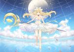  bare_shoulders barefoot blonde_hair bow breasts capelet cleavage cloud dress hair_bow highres hirose_yuki legs long_hair medium_breasts moon navel petals ripples see-through sky solo staff star_(sky) starry_sky toenail_polish walking walking_on_liquid yellow_eyes 