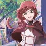  absurdres braid collar hai_to_gensou_no_grimgar hair_over_shoulder highres long_hair looking_at_viewer official_art open_mouth red_eyes red_hair single_braid smile solo yume_(grimgar) 