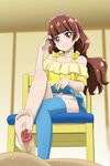  1girl amanogawa_kirara barefoot blue_legwear brown_hair censored crossed_legs earrings feet femdom footjob go!_princess_precure hairband hetero jewelry long_hair looking_at_viewer nekomimi_kanon panties penis precure purple_eyes single_thighhigh sitting skirt skirt_lift smile solo_focus star star_earrings thighhighs toes underwear 