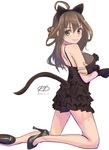  ahoge alternate_costume animal_ears bare_shoulders black_dress breast_hold breasts brown_eyes brown_hair cat_ears cat_tail double_bun dress hair_between_eyes haruto_(harut_n) high_heels kantai_collection kemonomimi_mode kneeling kongou_(kantai_collection) long_hair looking_at_viewer looking_back short_dress smile solo tail 