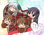  &gt;_&lt; :d akatsuki_(kantai_collection) blush box box_of_chocolates brown_hair chibi chocolate closed_eyes commentary_request flower gameplay_mechanics hair_flower hair_ornament hairclip heart-shaped_box hibiki_(kantai_collection) highres ikazuchi_(kantai_collection) inazuma_(kantai_collection) kantai_collection long_hair mouth_hold multiple_girls open_mouth oshiruko_(uminekotei) purple_hair red_flower red_rose rose short_hair silver_hair smile solid_oval_eyes translated valentine wavy_mouth xd 