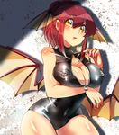  absurdres alternate_costume alternate_hairstyle black_swimsuit breast_hold breasts cleavage_cutout covered_nipples demon_wings folded_ponytail front_zipper_swimsuit hair_up head_wings highres koakuma large_breasts long_hair meme_attire one-piece_swimsuit parted_lips red_hair shiny shiny_skin solo swimsuit toa_(kitakaze_setsuna) touhou wings yellow_eyes 