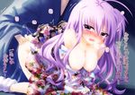  1girl blush breasts doggystyle floral_print hetero japanese_clothes kimono kyrie_florian large_breasts lyrical_nanoha mizunashi_(second_run) obi pink_hair sash sex solo_focus tears translation_request yukata 