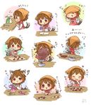  1girl :3 ? adapted_costume animal_ears animal_print apron beamed_eighth_notes brown_hair cat_ears cat_print cat_tail chen chocolate chocolate_making closed_eyes closed_mouth cocoa_powder commentary eighth_note flailing flying_sweatdrops gift_bag heart ibaraki_natou jewelry long_sleeves multiple_tails musical_note nekomata recipe red_eyes scales short_hair single_earring sleeves_rolled_up solo tail tasting touhou translated two_tails valentine x_x 