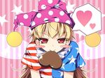  american_flag_dress bangs blonde_hair blush_stickers chima_q chocolate chocolate_heart clownpiece fairy_wings food_in_mouth hat heart jester_cap leaning_forward long_hair mouth_hold polka_dot red_eyes short_sleeves solo spoken_heart star striped striped_background touhou upper_body valentine very_long_hair wings 