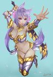  animal_ears ariverkao armor bikini bikini_armor boots breasts dated fox_ears fox_tail gauntlets large_breasts low_twintails metal_bikini metal_boots navel original petals purple_eyes purple_hair signature solo swimsuit sword tail thigh_boots thighhighs twintails weapon 