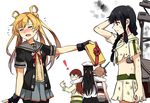  5girls abukuma_(kantai_collection) back bangs bare_shoulders bike_shorts black_gloves black_hair black_skirt blonde_hair blunt_bangs blush box braid broken brown_hair buttons closed_eyes double_bun female_admiral_(kantai_collection) fingerless_gloves flying_sweatdrops gift gift_box giving gloves hair_between_eyes hair_over_shoulder hair_rings hand_behind_head hand_on_own_head hat headgear holding holding_gift kantai_collection kitakami_(kantai_collection) long_hair looking_away looking_back midriff military military_hat military_uniform multiple_girls mutsu_(kantai_collection) neko_(yanshoujie) o_o ooi_(kantai_collection) open_mouth peaked_cap pleated_skirt remodel_(kantai_collection) school_uniform serafuku short_hair short_sleeves shorts shorts_under_skirt simple_background skirt smoke solid_circle_eyes torn_clothes torn_skirt twintails uniform valentine white_background white_gloves 