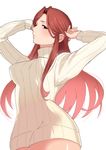  arms_up bad_id bad_pixiv_id blush bottomless brown_eyes cowboy_shot idolmaster idolmaster_cinderella_girls long_hair looking_at_viewer naked_sweater osomatsu_(nanameno) red_hair ribbed_sweater simple_background solo sweater white_background zaizen_tokiko 