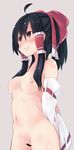  ahoge black_hair blush bow breasts censored detached_sleeves hair_bow hair_tubes hakurei_reimu highres long_hair nipples nude red_eyes small_breasts smile solo touhou waira 