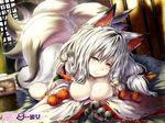  animal_ears bad_id bad_pixiv_id breasts fox_ears fox_tail large_breasts long_hair looking_at_viewer lying multiple_tails nipples original rai-rai smile solo tail 