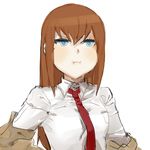  :i bangs blue_eyes brown_hair jacket kimo_(artist) labcoat long_hair makise_kurisu necktie pout puffy_cheeks red_hair red_neckwear solo source_request steins;gate 