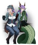  2girls :d adapted_costume animal_hands barbariank bench boots brown_eyes commentary_request drinking fins gloves gradient_hair hat head_fins highres horns lamia long_hair looking_at_viewer mad_hatter_(monster_girl_encyclopedia) magatama monster_girl monster_girl_encyclopedia multicolored_hair multiple_girls open_mouth purple_hair ryuu_(monster_girl_encyclopedia) scarf sitting smile snowing steam thermos transparent_background two-tone_hair white_hair yellow_eyes 