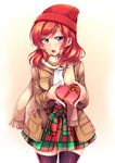  beanie black_legwear blush box checkered checkered_skirt coat gift gift_box hat heart heart-shaped_box heart-shaped_pupils highres holding holding_box holding_gift long_sleeves looking_at_viewer love_live! love_live!_school_idol_project nishikino_maki open_mouth purple_eyes red_hair red_hat scarf short_hair signature skirt solo symbol-shaped_pupils thighhighs valentine windart 