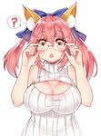  ? animal_ear_fluff animal_ears bare_shoulders blush breasts cleavage cleavage_cutout fate/extra fate_(series) fox_ears glasses hair_ornament hair_ribbon highres large_breasts looking_at_viewer meme_attire open-chest_sweater open_mouth osiimi ribbon solo spoken_question_mark sweater tamamo_(fate)_(all) tamamo_no_mae_(fate) twintails yellow_eyes 