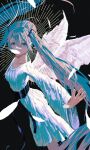  1girl absurdres angel angel_wings bangs bare_legs black_footwear blue_eyes blue_hair commentary covered_mouth cowboy_shot dress english_commentary feathered_wings feathers halo hatsune_miku highres kojomi_(7j543) long_hair long_sleeves looking_at_viewer muted_color outstretched_arms simple_background solo spread_arms twintails very_long_hair vocaloid white_dress wings 