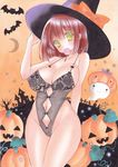  acrylic_paint_(medium) arm_behind_back bat breasts brown_hair candy collarbone covered_nipples floral_print food ghost green_eyes groin hair_between_eyes halloween hand_on_headwear hand_up hat large_breasts lollipop navel navel_cutout original pom77 pumpkin short_hair sideboob solo swirl_lollipop thighs traditional_media witch_hat 