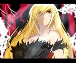  bare_shoulders blonde_hair fangs hair_over_one_eye isshiki_(ffmania7) kiss-shot_acerola-orion_heart-under-blade letterboxed long_hair monogatari_(series) pointy_ears sketch solo yellow_eyes 