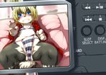  animal_ears bad_id bad_pixiv_id blonde_hair blue_eyes camera furry grin highres laika_(rai-rai) looking_at_viewer original panties rai-rai short_hair smile solo striped striped_panties tail underwear undressing viewfinder 