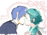  1boy 1girl aqua_hair blue_hair couple kiss megami_tensei persona persona_3 shin_megami_tensei sutei_(giru) yamagishi_fuuka yuuki_makoto 