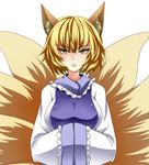  animal_ears blonde_hair commentary_request dress fox_ears fox_tail frills hands_in_opposite_sleeves kitsune kyuubi long_sleeves looking_at_viewer multiple_tails no_hat no_headwear open_mouth short_hair solo tabard tachi-e tail touhou upper_body white_background white_dress wide_sleeves yagami_(mukage) yakumo_ran yellow_eyes 
